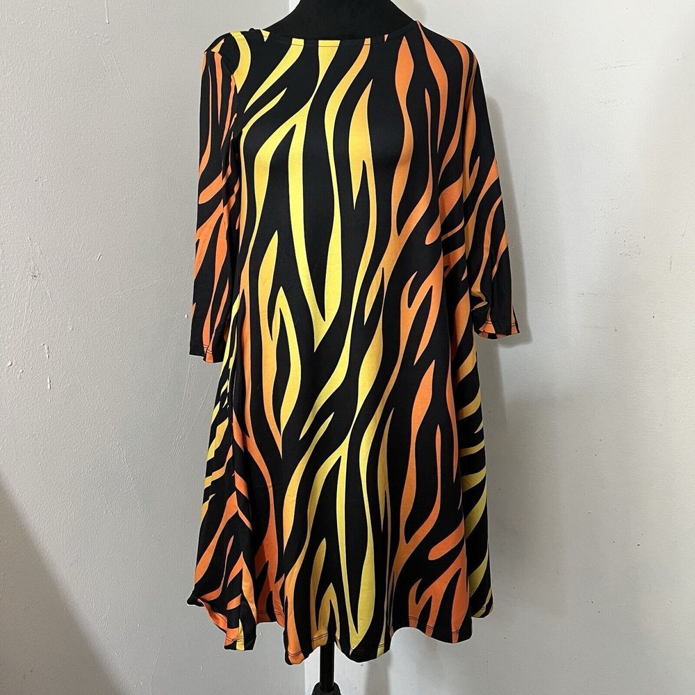 Yelete Women Tiger Zebra Print Swing Dress Orange Yellow Black Pockets Small NWT